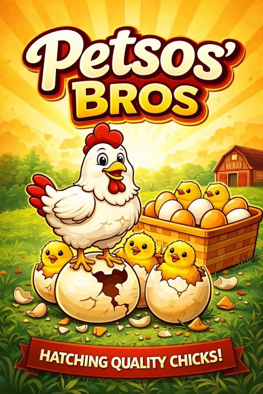 Petsos' Bros poster: a hen and her chicks hatching beside a basket of eggs